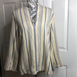 Zara Blouse Blue Cream V Neck Long Sleeve Top XS New WithTags